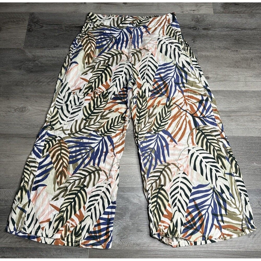 Tahari Women’s Linen Cropped Wide Leg Palazzo Pants Tropical Beach Coastal Sz M